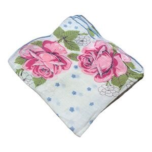 Scalloped edged floral handkerchief Pink Cabbage Rose Blue Flowers Hankie READ